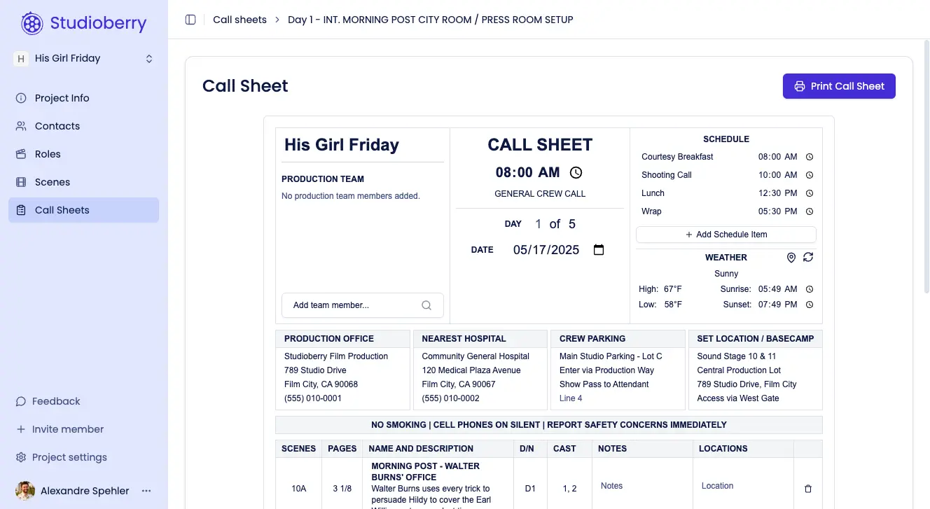 Call Sheet screenshot